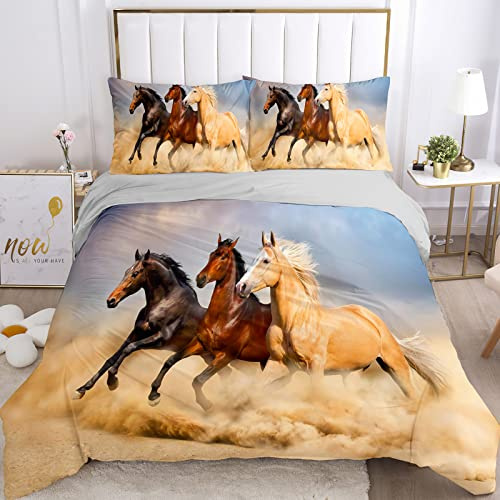 JEFFEL Set di Biancheria da Letto per Cavalli con Stampa 3D, Copripiumino con Cerniera, Incluso 1 Copripiumino e 2 Federe, Biancheria da Letto per Ragazzi e Ragazze (135x200cm, Cavallo-5)