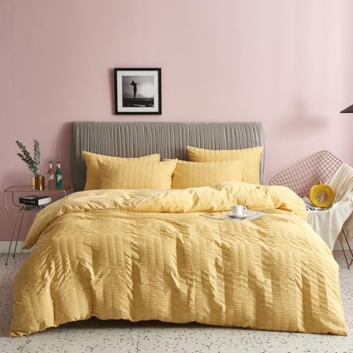 Freyamy Seersucker Bettwäsche 135x200 Gelb Geprägt Gestreift Bettwäsche Set | Aesthetic Bettwäsche Mädchen, 2 teilig Unifarben, Microfaser ÖKO-TEX Bettbezug mit Reißverschluss und 1 Kissenbezug 80x80cm