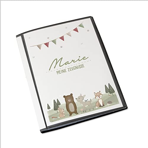 Personalisierte Zeugnismappe Kinder - Personalisiertes Geschenk zur Einschulung - inkl. 20 Klarsichthüllen DIN A4 - Zeugnismappe Mädchen - Zeugnismappe Junge - hellomini (Waldmotiv)
