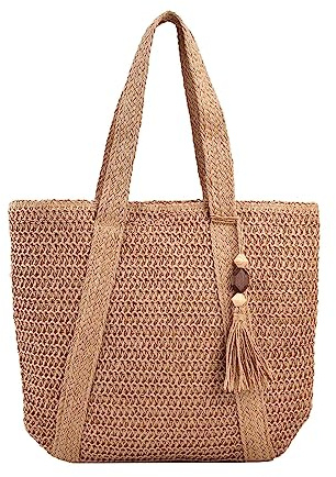 Baoblaze Strandtasche Damen Groß Stroh, Korbtasche Geflochten mit Reißverschluss, Sommer Gewebte Handtasche,Gewebte Umhängetaschen, Eimer Korbtasche für Outdoor Reise Arbeit Einkaufen Party