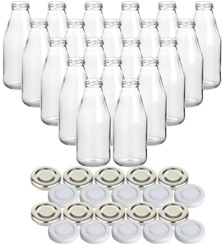 gouveo 20er Set Glasflaschen 500 ml (0,50 l) Glasflasche 500 ml rund Twist-Off Schraubdeckel TO 43, leere Saftflaschen zum Abfüllen, Aufbewahren & Transport, Klarglas, Deckel silber/weiß (SF500SW)