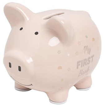 Kate & Milo Mini Ceramic Piggy Bank, Newborn Nursery Décor, Baby Girl Keepsake Gift, My First Bank, Pink Rainbows and Stars