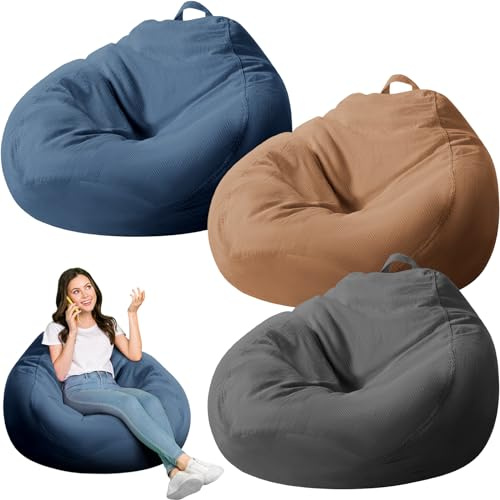 Hushee 3 Pcs Stuffed Storage Bean Bag Chair Cover (No Filler) for Adults Corduroy Stuffable Beanbag Extra Large 300L for Organize Plush Toys Memory Foam(Dark Gray, Khaki, Blue)