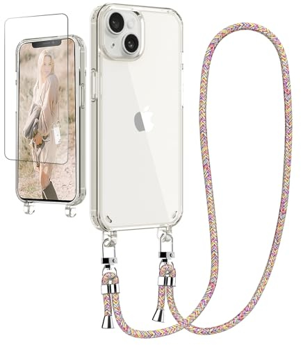 Ciciber Handykette Hülle für iPhone 13 Handyhülle mit Band und Schutzfolie, Transparent Case mit Schnur zum Umhängen Kordel Necklace Hülle Schutzhülle für iPhone 13 6.1, Regenbogen