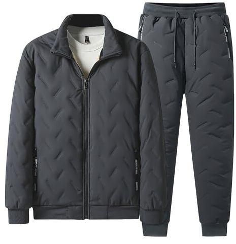Jamron Uomo Inverno Caldo Tuta da Ginnastica Trapuntata Foderata in Pile Giacca e Pantaloni della Tuta con Tasche con Zip