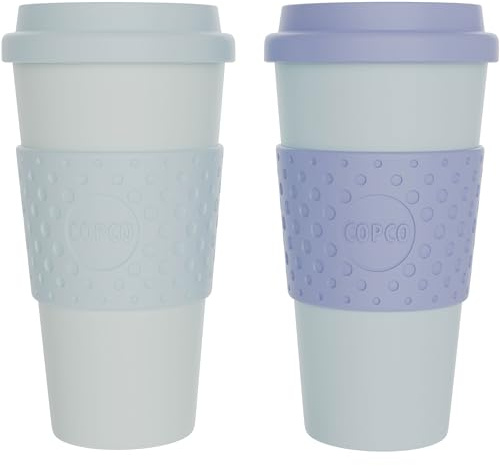 Copco Acadia 16oz Travel Mug with Lid, Set of 2 Double Wall Insulated Tumbler, Non-Slip Sleeve and BPA-Free - Microwave & Dishwasher Safe, Reusable Plastic To Go Travel Coffee Mug (Purple/Teal)