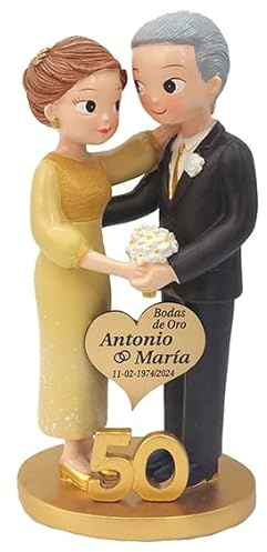 7laser, Figura Pastel Bodas de Oro, 50 Aniversario GRABADA, Personalizada con Placa Corazon con el Nombre y la Fecha del Evento grabada, para el Pastel, Tarta o Regalo