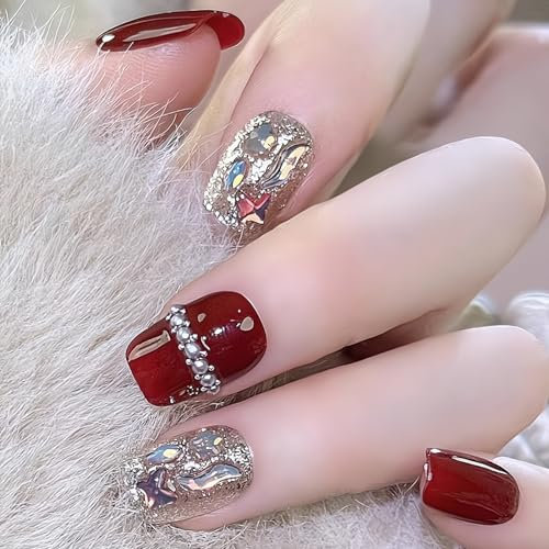 30 Stück Nägel zum Aufkleben, ZAHRVIA Sarg Rot Kunstnägel Press on Nails Vollabdeckung Natürliche Acryl Fingernägel Künstliche Nägel mit Strass für Frauen und Mädchen