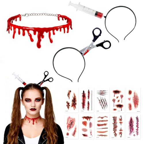 VOPIWOZ 3 Stück Gruselige Halloween Stirnbänder 1 Stück Bluttropfenhalsband plus 10 Narbenaufkleber Halloween Dekorationen Halloween Schminkzubehör Maskierung