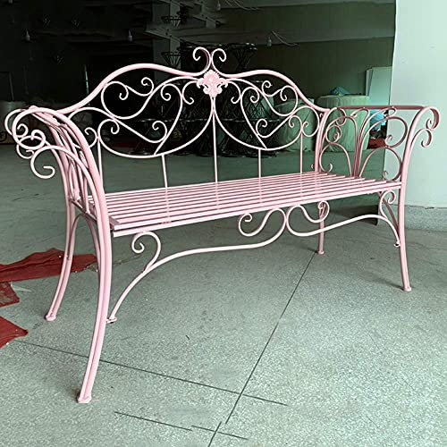 Parkterrassenbank Outdoor-Freizeitbänke, wetterfeste und rostfreie Gusseisen-Gartenbank, 2-Sitzer-Bank mit Rückenlehne und Armlehnen, Retro-dekorative Terrassenbank (Bronze) (Pink)