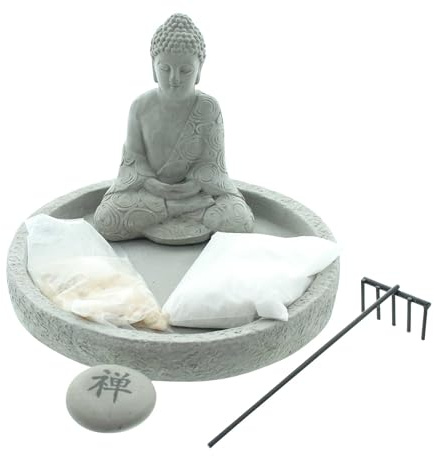 FRANK FLECHTWAREN Buddha Zen-Garten, Zement, Sand, Stein, Metall Maße: Ø 17 x 3 cm, Höhe Figur 12 cm