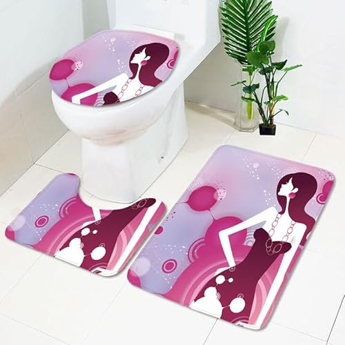 Bad Teppiche Set Lila Frau Badezimmerteppich Waschbar WC Vorleger mit Ausschnitt und WC Deckelbezug 3 Teilig Badematte rutschfest Toilettensitzbezug Badgarnitur 50x80 cm