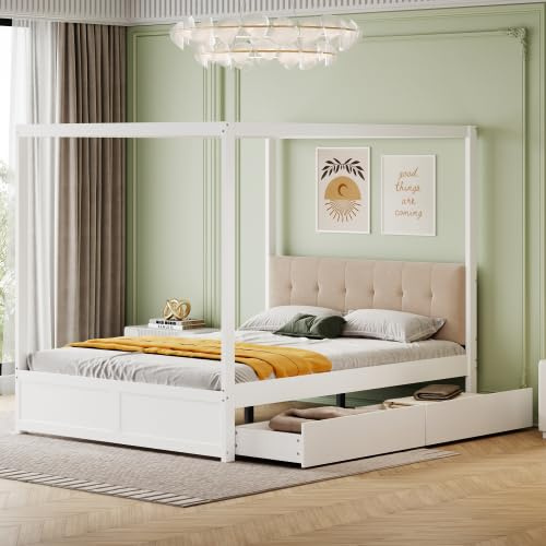 YuQozii Himmelbett,140x200cm,mit großen Schubladen und weicher Rückenlehne, Holz Bett (weiß)