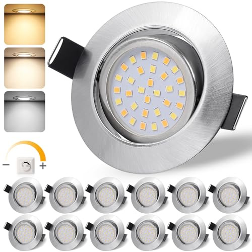 GeyouLux LED Einbaustrahler 230V Dimmbar, IP44 Deckenspots, 65-75mm EinbauØ | 6W 45° Schwenkbar Einbauleuchten 3000K Warmweiß 4000K Neutralweiß 6500K Kaltweiß Ultra Flach Einbauspots, 12er Set Nickel