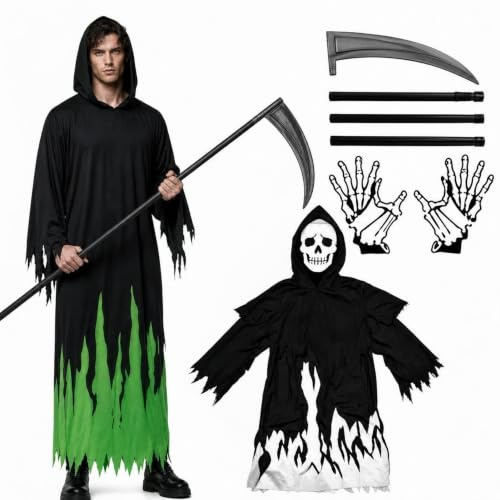 Moerstar Costume Morte Bambino, Vestito Scheletro Halloween Set con Maschera Scheletro Falce Guanti Costume Cosplay per Halloween Carnevale