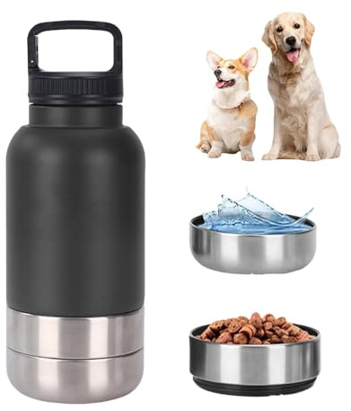 dijiusidy Tragbare Trinkflasche Hunde für Unterwegs, 3-in-1 Hunde Trinkflasche mit 2 Eine Abnehmbare Schüssel, Edelstahl Hundetrinkflasche für Unterwegs, Wandern, Reisen, Camping (Schwarz, 950ml)
