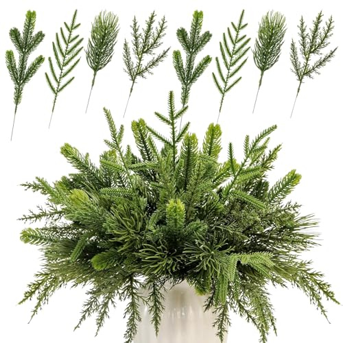 40 Pcs Artificial Pine Branches- 4 Styles Real Touch Norfolk Pine Branches Faux Cedar Stems Christmas Foliage Spruce Needle Sprigs Greenery for Xmas Vase Filler Garland Wreath DIY Crafts Home Decor