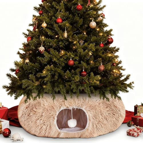 SilTriangle Katzentunnel, Weihnachtsbaumrock, groß, weiches Plüsch-Tunnelbett unter dem Weihnachtsbaum für Innenkatzen, 91,4 cm, kreisförmiges Donut-Rohrbett mit zentraler Matte für Katzen, Welpen