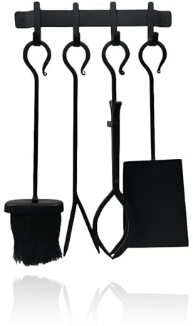 Relaxdays Set Accessori Camino 5 Pezzi, attizzatoio, Paletta, Scopa, Pinza, Supporto a Muro, Nero 45x30x10.5 cm
