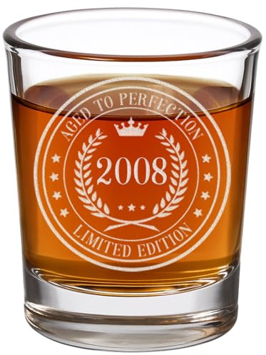 Spotted Dog Company Vintage 2008 Etched 2.5oz Shot Glass – Happy 18th Birthday Gifts, Decorations Men Women Guy, Turning 18 Year Old, Bday Party Favors Supplies, Finally 18 Best Gift Idea Son Circle