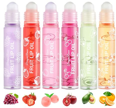 6-Piece Fruit-Flavoured Roll-On Lip Oil Set, Transparent Hydrating Plumping Lip Gloss, Moisturising Lip Care Collection