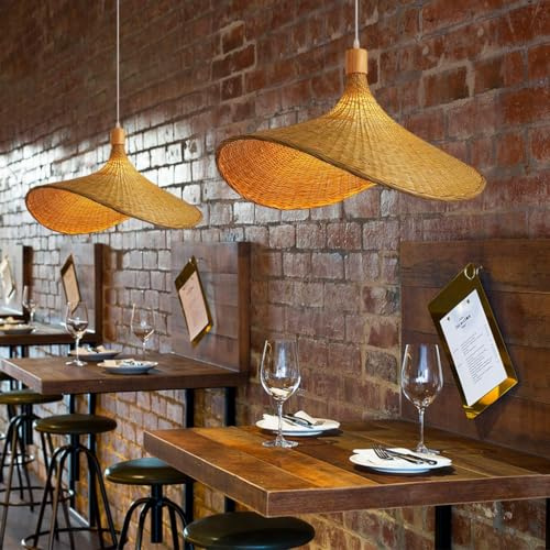 NOCHX Retro Stile bambù Tessuto Lampadario da Soffitto Sala da tè Rattan Fatto A Mano Tessuto Lampadario Lampada di Paglia Cappello Forma Lampada Sospensione Scala bambù Arte Luce(50cm)