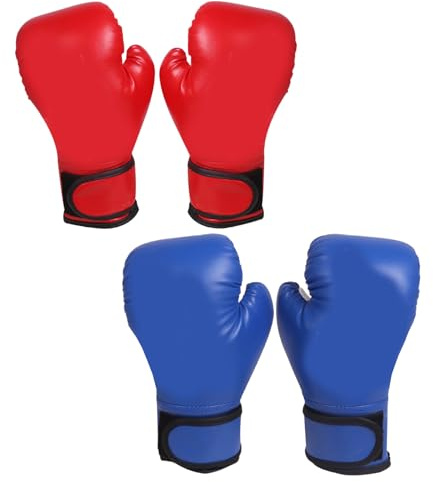 2 Paires de Gants de Boxe pour Hommes et Femmes, Gants Boxe Rouges et Bleus, PU Respirant avec Ruban Fixation, Mitaines rembourrées pour l'entraînement, l'exercice, Le Jeu, Les Femmes
