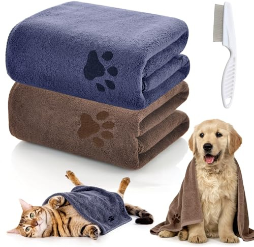 SPOKKI 2 Pack Dog Towel, 30x14 Inch Cozy Puppy Blanket, Soft Microfibre, Super Absorbent, Fast-Drying, Dog Towels for Drying Dogs, with 1 Flea Comb for Medium & Small Dogs Cats (Grey & Brown)