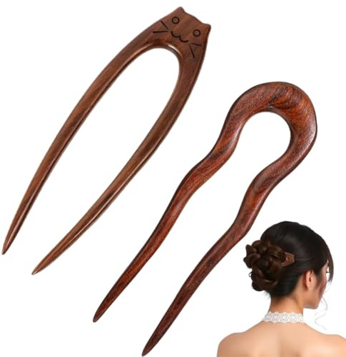 LKJAUOZ 2 Pcs Bois en Forme de U Pince à Cheveux, Française Épingles à Chignon, Fourchette Piques Cheveux de Santal, Épingle à Cheveux à Double Fourche pour Femmes Filles Accessoires de Coiffure