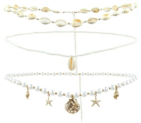 3 Stück Bauchkette Gold Damen, Seestern Muschel Perle Körperkette, Einstellbar Kettengürtel, Bikini Waist Belly Chain, Boho Bauchkette für Strand, Urlaub, Sommer Party, Mehrere Schichten