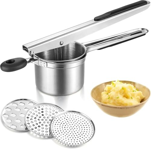 Hållbar potatispress i rostfritt stål med 3 utbytbara skivor, stor mosare och köksverktyg för potatismos, spätzlemaskin, potatispress för hemmet