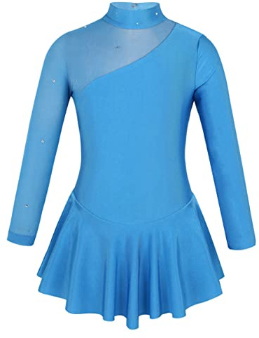 TiaoBug Abito da Pattinaggio Artistico sul Ghiaccio per Ragazze Bambine Concorso Gara di Pattinaggio di Figura Vestito da Balletto Pattinatrice a Maniche Lunghe 4-14 Anni Blu A 8 Anni