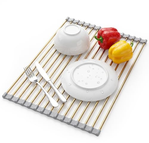 Snailhouse Roll Up Dish Drying Rack, Stainless Steel Dish Drainer Over The Sink with Anti-Slip Silicone for Kitchen Counter, Gold (17.8 x 11.8 in)
