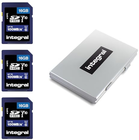 Integral 16GB SD 3 Pack card in a 6-slot protective metal card holder case High Speed memory SDHC up to 100MB/s V10 UHS U1