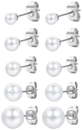 PlandleLee 5 Paar Perlenohrringe Silber 925, Perlenohrringe, Weiße Perlenohrstecker, Damen Ohrstecker, Perlen Ohrringe Damen, Perlenohrstecker mit echten Perlen, Ohrringe Set für Mädchen, 4-8mm