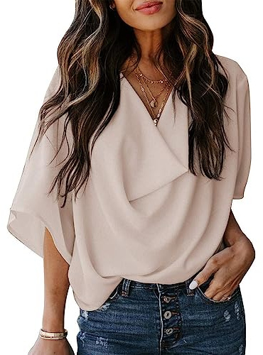 KBRPEY Camicia Donna Chiffon Elegante Magliette Donna Manica Corta Scollo a V Blusa Casual Camicetta Colore Puro T Shirt Donna Tops Maglietta con Maniche Svasate(Albicocca L)