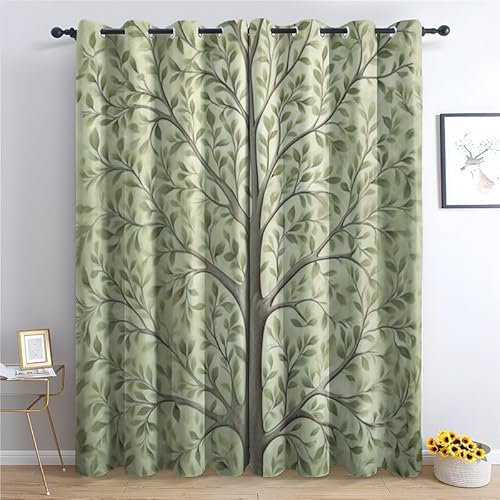 SZLYZM Tree Blackout Curtains, Green Leaf Bedroom Curtains & Living Room Curtains 90x90 Inch 2 Panels Set, Thermal Eyelet Drapes Decorative Patterned Window Treatments 90 Drop