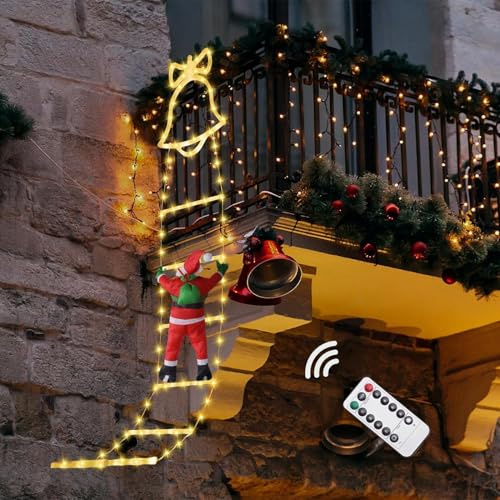 Hysagtek Weihnachtsmann Leiter Lichterkette,160cm Kletternder Weihnachtsmann mit Timer, Weihnachtsbeleuchtung Außen 8 Modi Lichterkette Weihnachtsdeko Für Innen Außen Weihnachtsbaum Fenster(Warmweiß)