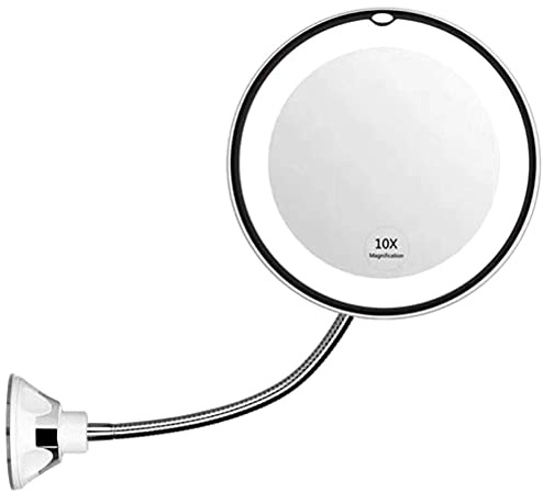 Srliya Specchio per Trucco Illuminato, Specchio per Trucco con Luce LED e Ventosa Girevole a 360 Gradi Collo di Cigno Flessibile Specchio Ingranditore 10X Specchio Viaggio e