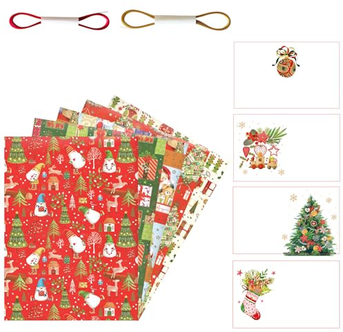 ARKRAFT set 5 fogli 2 nastri da 10 m 4 biglietti carta da regalo natale natalizio confezione senza plastica (NAT20)