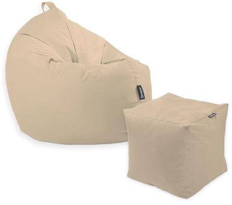 Premium 2-in-1 Sitzsack mit Füllung | Fußhocker | für Kinder & Erwachsene | Outdoor & Indoor | Sitzkissen | Bodenkissen | Wasser- & schmutzabweisend + Sitzpouf 35x35x35cm (Beige, 145 cm + Sitzspouf)