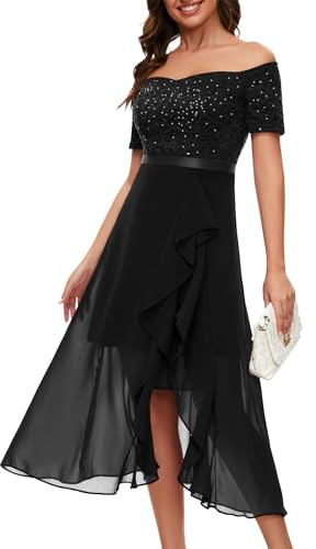 Berylove Robe de soirée formelle à paillettes pour femme, épaules dénudées, mariage, cocktail, soirée midi, Noir , S