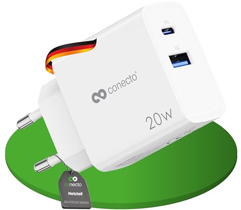 Conecto Chargeur USB-C et USB-A, 2 Ports, 20W PD + 18W, Chargeur Rapide pour Téléphone Portable, Détection Automatique du Courant, Blanc