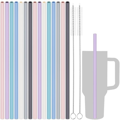 Tomorotec 15PCS Reusable Silicone Drinking Straws w/ 2 Brushes, Fit for Stanley Tumbler 40oz 30oz 20oz, 12 Long Customizable for Various Drinkware, Dishwasher Safe, BPA-Free, Safe for Teeth (Macaron)