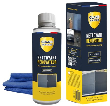 GUARD INDUSTRIE - Nettoyant Rénovateur - Ravive Couleurs Peinture, Plastique, Métal – Antitache 5 ans – 250 G-Traite 2 Portes et 10 Fenêtres - Chiffon microfibre inclus