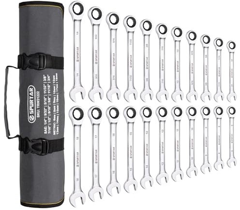 Spurtar Set di 22 set chiavi inglesi da 6-18 mm e 1/4 -3/4, set chiavi combinate a 72 denti, in acciaio CR-V, finitura a specchio, con borsa per il trasporto