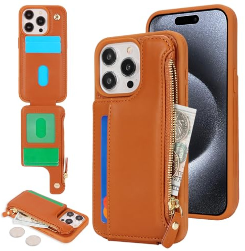 SailorTech för iPhone 15 Pro telefonfodral med kreditkortshållare för män, iPhone 15 Pro-fodral med kreditkortsfack, plånbok, blixtlåsfodral för kvinnor – brun