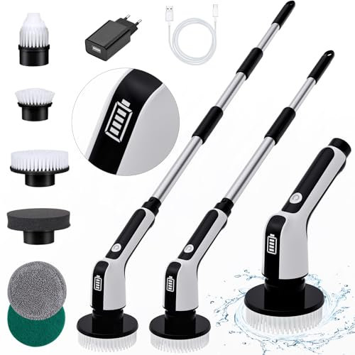 Spazzola Elettrica Rotante Senza Fili, Ricaricabile, Impermeabile IPX8, Manico Regolabile, 6 Spazzole di Pulizia Sostituibili per Vasca, Piastrelle, Finestre, Cucina, Auto