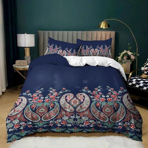 EXSANLIEAY Blau BettwäSche 135x200 Retro-Muster Muster Wende BettwäSche-Sets Microfaser Bettbezug & 2 Kissenbezug 80x80 mit Reißverschluss, Weich & Bügelfrei, Als Ganzjahres-Bettwäsche Geeignet