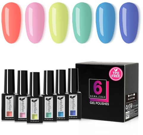 Beautilux HEMA-FREE nagellack, halvpermanent, 6 färger, UV-gelnagellack, halvpermanent, UV-nagellack, blötläggning, gel, 7 ml (H-3136)